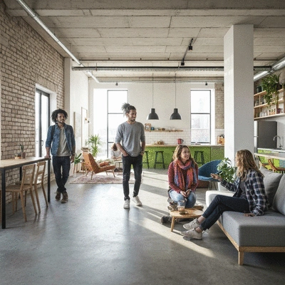 Modern hostel common area with diverse young travelers socializing, bright and clean, natural light