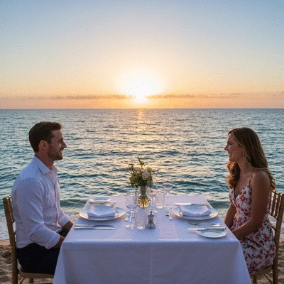 Couple enjoying a romantic sunset dinner at Cottesloe Beach, with elegant table setting