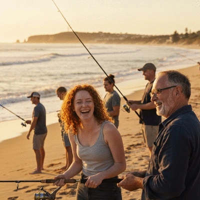 Diverse group of people fishing on Cottesloe Beach, laughing and sharing tips
