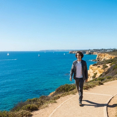 Person walking on a scenic coastal path at Cottesloe Beach with ocean views