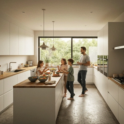Family enjoying a cooked meal in a modern, well-equipped apartment kitchen, natural light