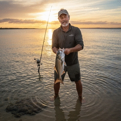 Angler proudly holding a fish on Cottesloe Beach at sunset