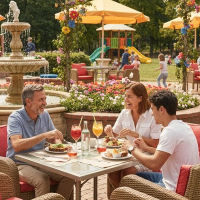 Family enjoying a meal at a coastal cafe with kids playing in a designated area