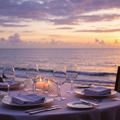 Romantic candlelit dinner table overlooking ocean at sunset