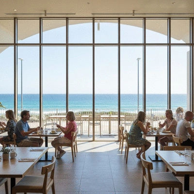 Interior of a modern, inviting cafe at Cottesloe Beach with patrons enjoying breakfast and a view of the ocean through large windows.