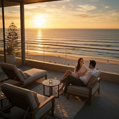 Couple relaxing on a luxurious hotel balcony overlooking Cottesloe Beach at sunset