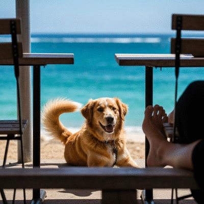 Dog relaxing at outdoor cafe in Cottesloe Beach