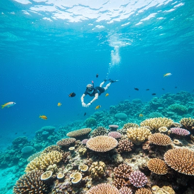 Person snorkeling in clear blue water at Cottesloe Beach with colorful fish around, no text, no words, no typography, 8K